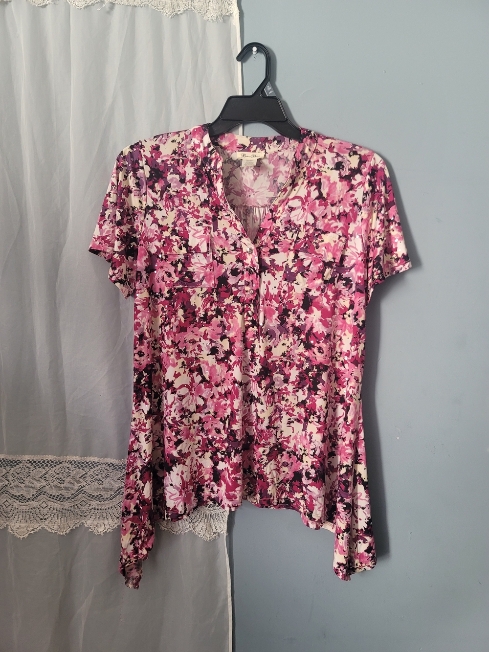Brittany Black Pink Floral Short-Sleeve V-Neck Blouse - Picture 1 of 8